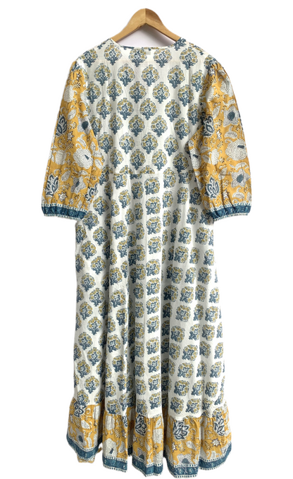 Yellow Ivory Floral Hand Block Print Cotton Maxi Dress – Boho Tiered Indian Style