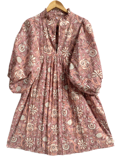 Dusty Rose Floral Hand Made Cotton Mini Dress