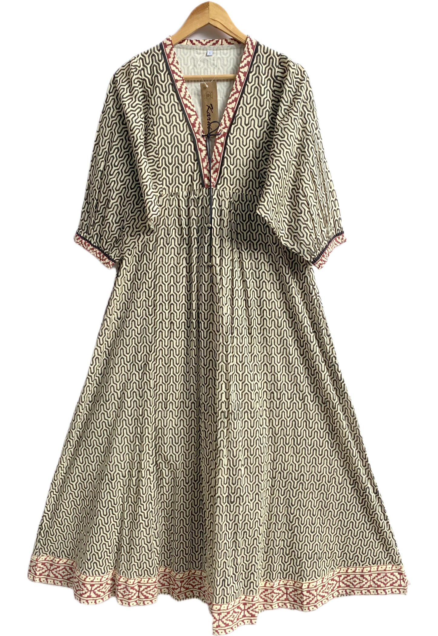 Beige Geometric Hand Block Print Cotton Maxi Dress – V-Neck Boho Style