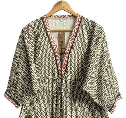 Beige Geometric Hand Block Print Cotton Maxi Dress – V-Neck Boho Style