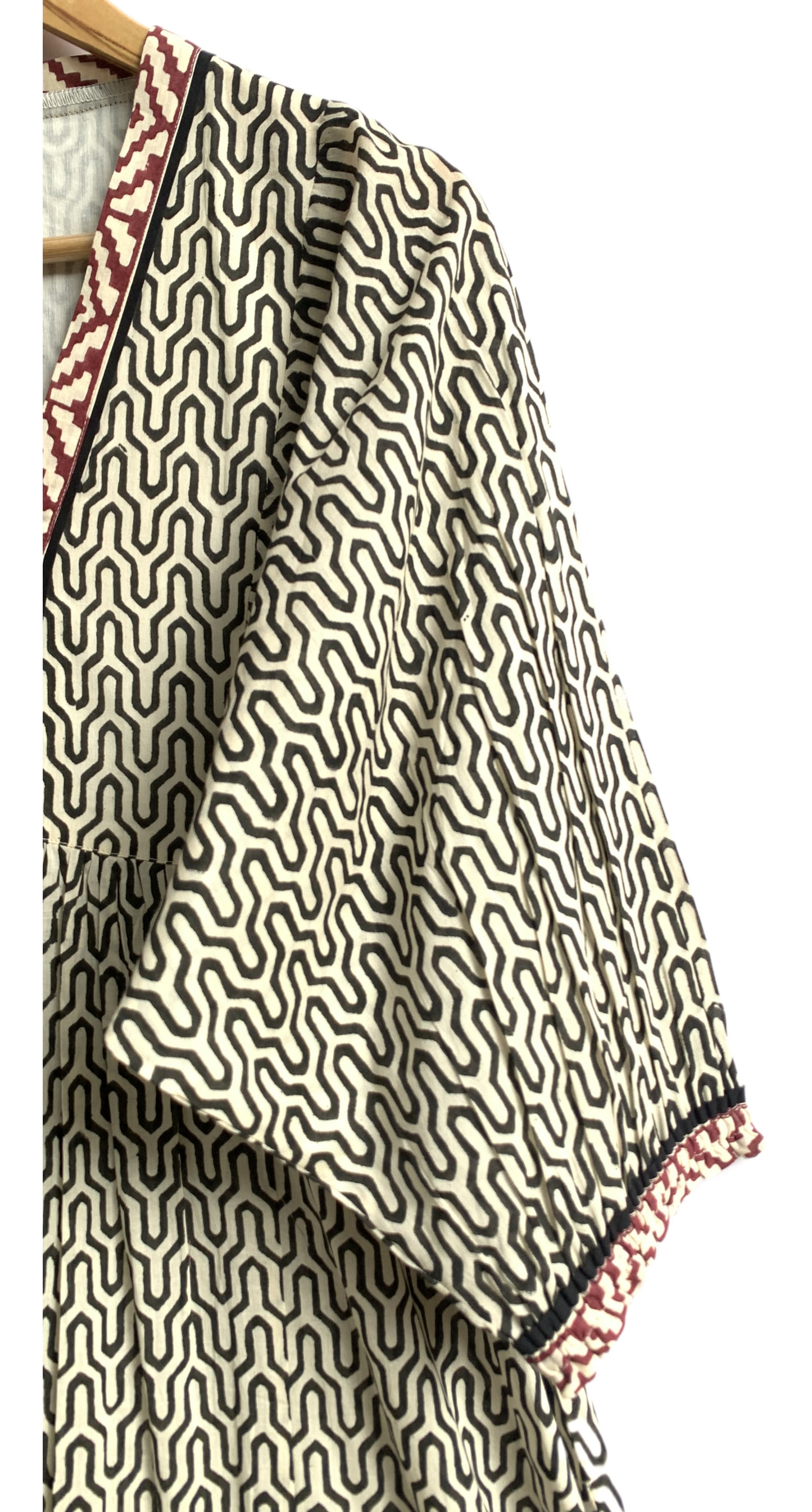 Beige Geometric Hand Block Print Cotton Maxi Dress – V-Neck Boho Style