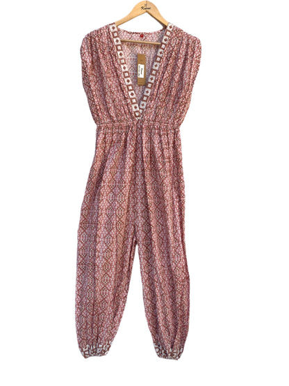rust geometric pattern sleeveless women's jumpsuit