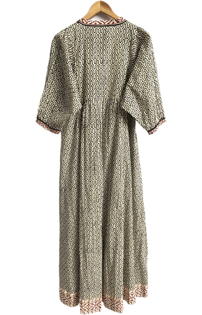 Beige Geometric Hand Block Print Cotton Maxi Dress – V-Neck Boho Style
