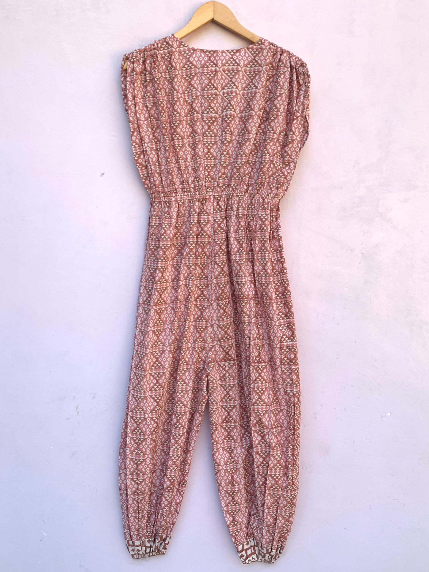 rust geometric pattern sleeveless women's jumpsuit