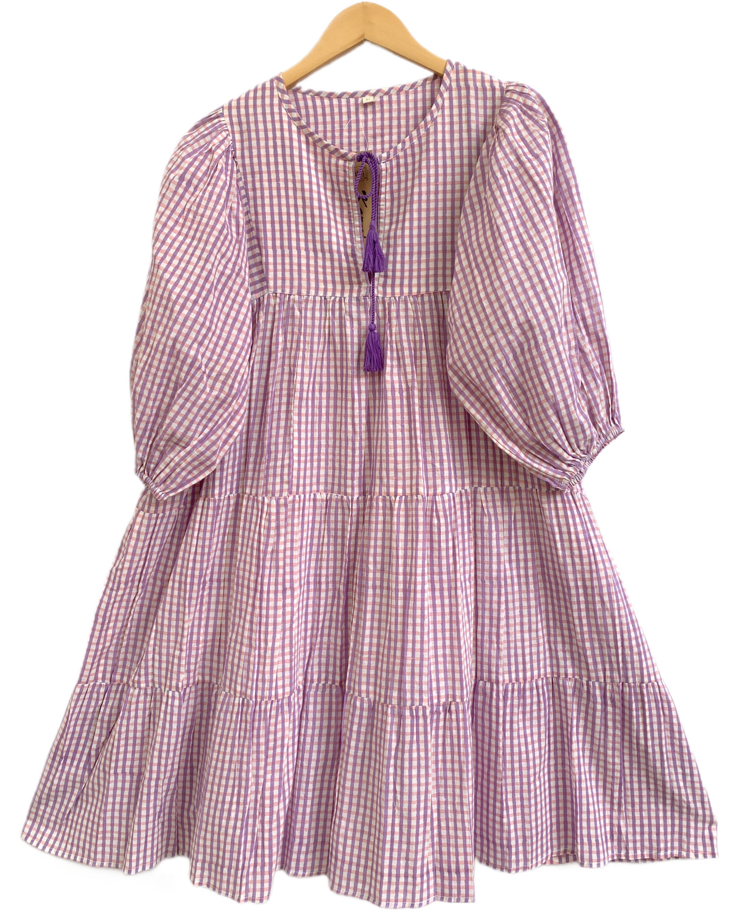 Lavender Gingham Cotton Mini Dress – Boho Tiered Puff Sleeve Tassel Tie Neck