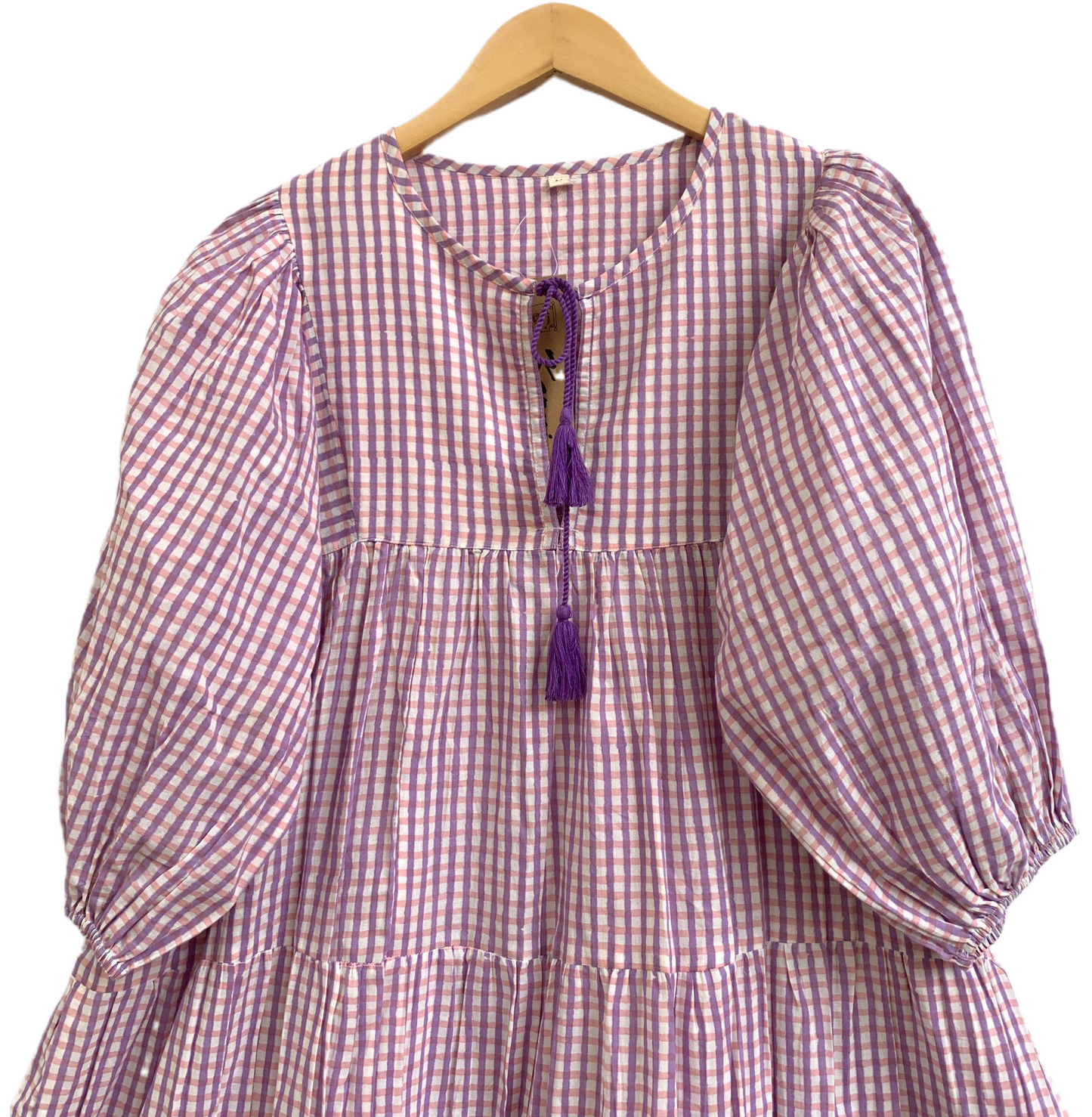 Lavender Gingham Cotton Mini Dress – Boho Tiered Puff Sleeve Tassel Tie Neck