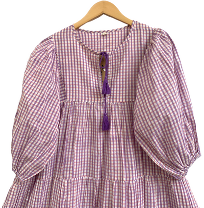 Lavender Gingham Cotton Mini Dress – Boho Tiered Puff Sleeve Tassel Tie Neck