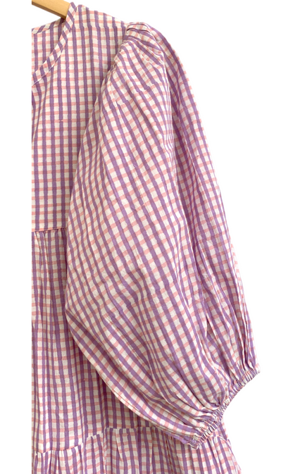 Lavender Gingham Cotton Mini Dress – Boho Tiered Puff Sleeve Tassel Tie Neck