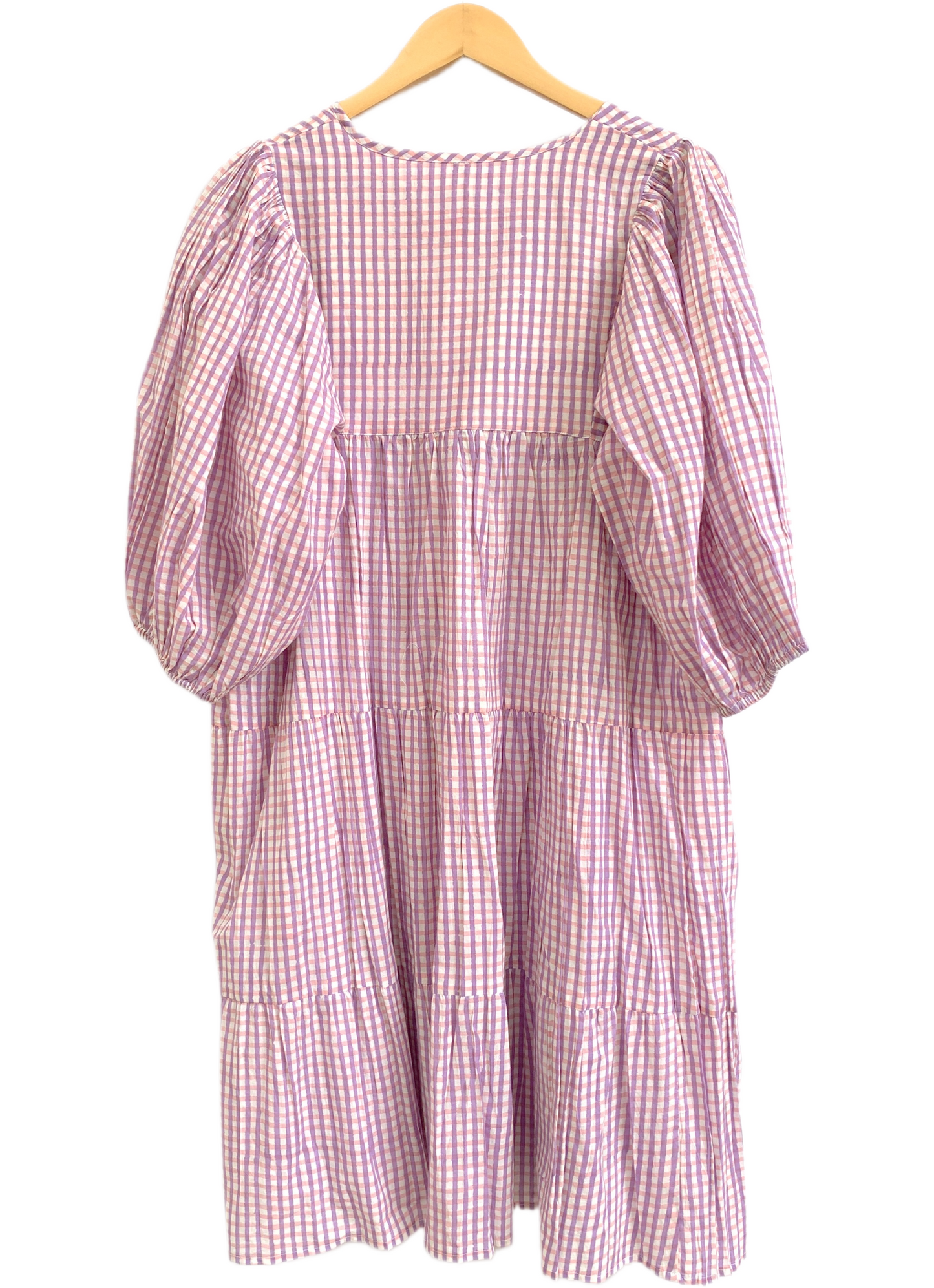 Lavender Gingham Cotton Mini Dress – Boho Tiered Puff Sleeve Tassel Tie Neck