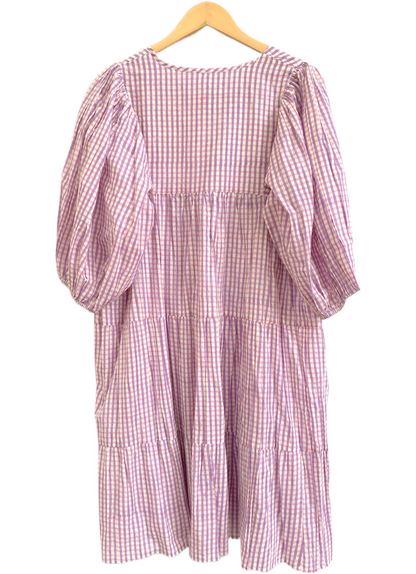 Lavender Gingham Cotton Mini Dress – Boho Tiered Puff Sleeve Tassel Tie Neck