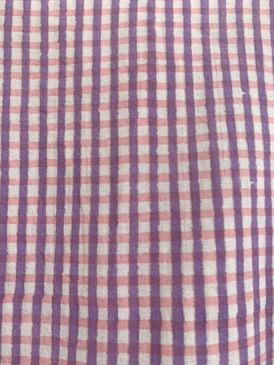 Lavender Gingham Cotton Mini Dress – Boho Tiered Puff Sleeve Tassel Tie Neck