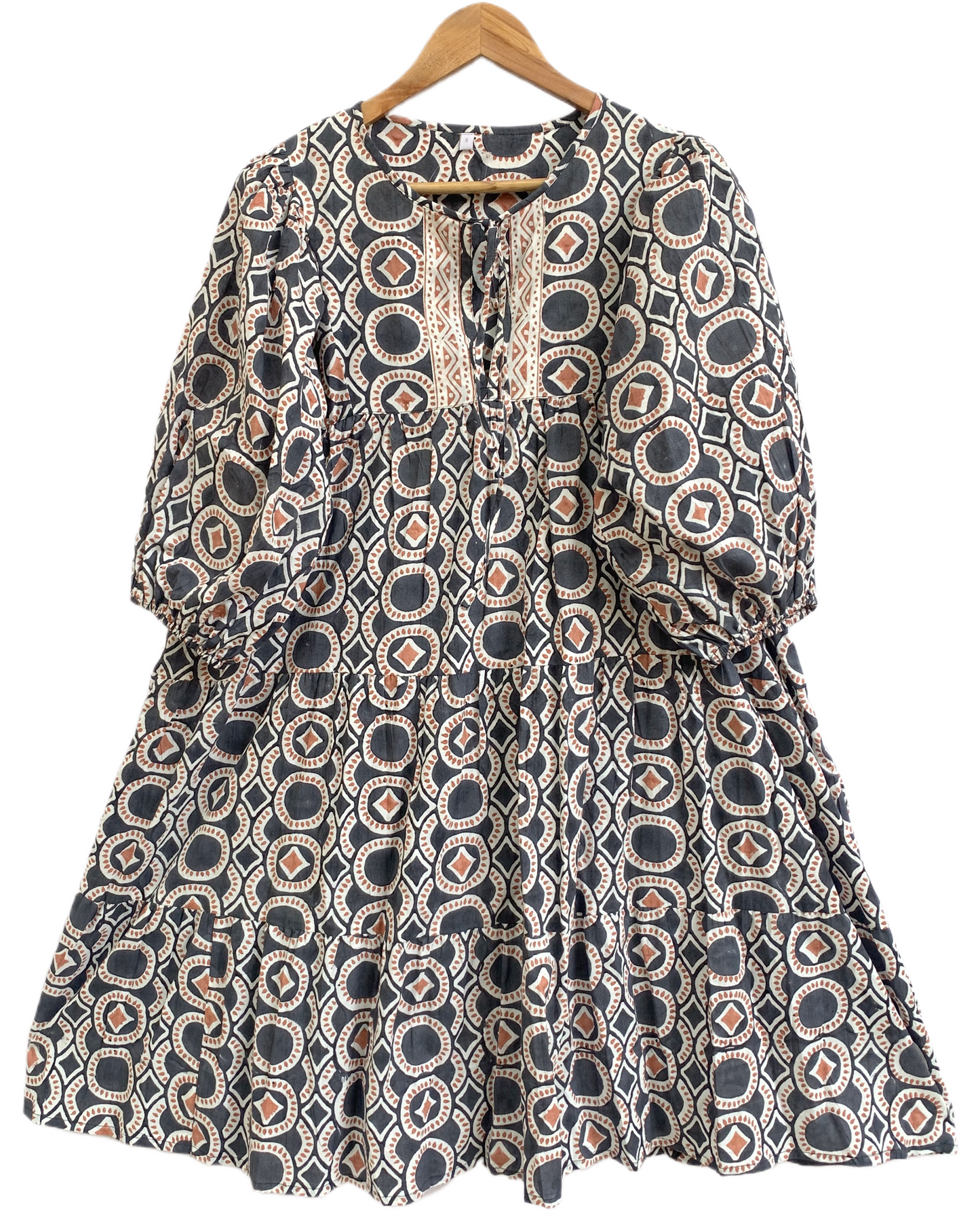 Indigo Grey Geometric Block Print Cotton Mini Dress – Boho Tiered Puff Sleeve Style