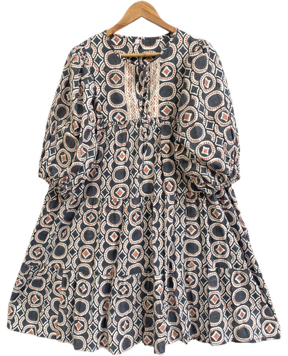 Indigo Grey Geometric Block Print Cotton Mini Dress – Boho Tiered Puff Sleeve Style