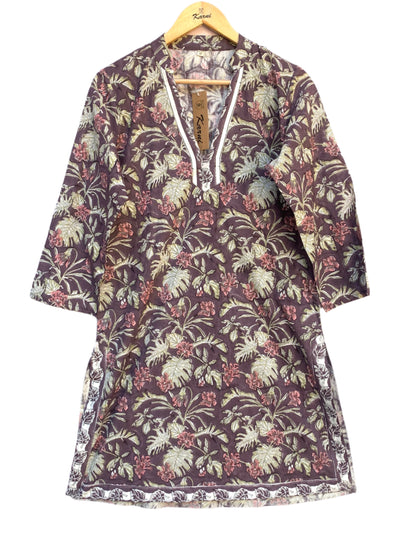 muted purple tunic with pink and green floral print