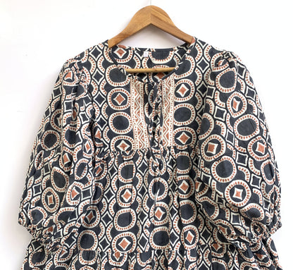 Indigo Grey Geometric Block Print Cotton Mini Dress – Boho Tiered Puff Sleeve Style
