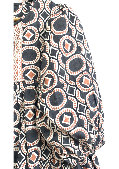 Indigo Grey Geometric Block Print Cotton Mini Dress – Boho Tiered Puff Sleeve Style