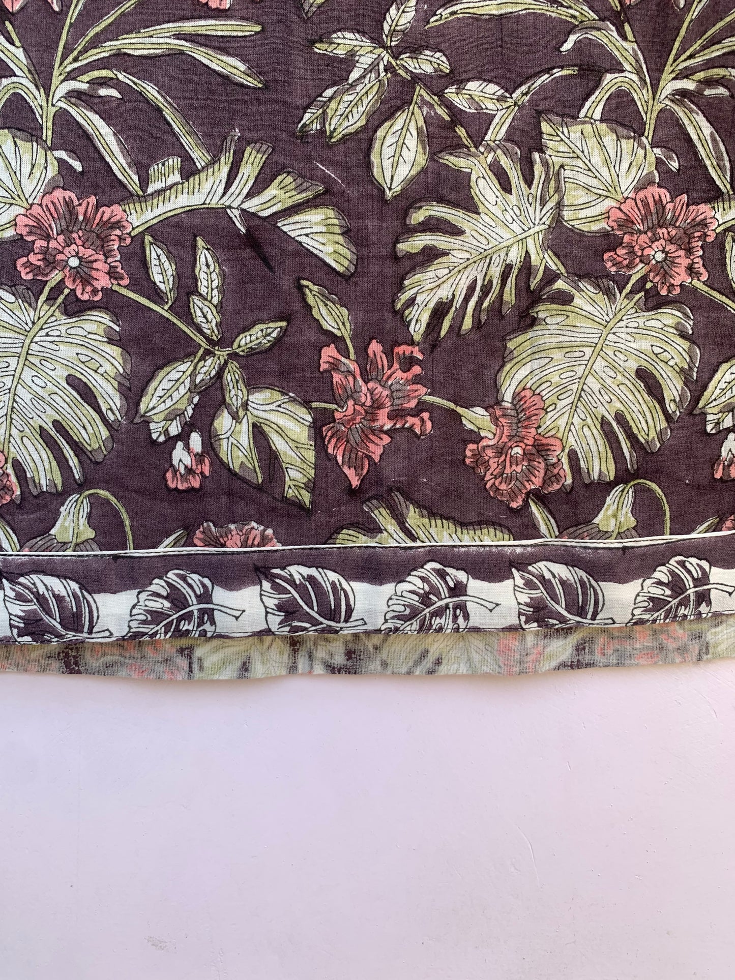 muted purple tunic with pink and green floral print