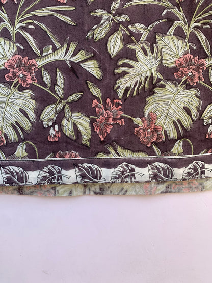 muted purple tunic with pink and green floral print