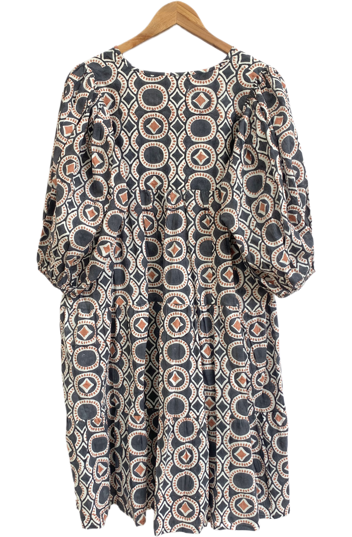 Indigo Grey Geometric Block Print Cotton Mini Dress – Boho Tiered Puff Sleeve Style
