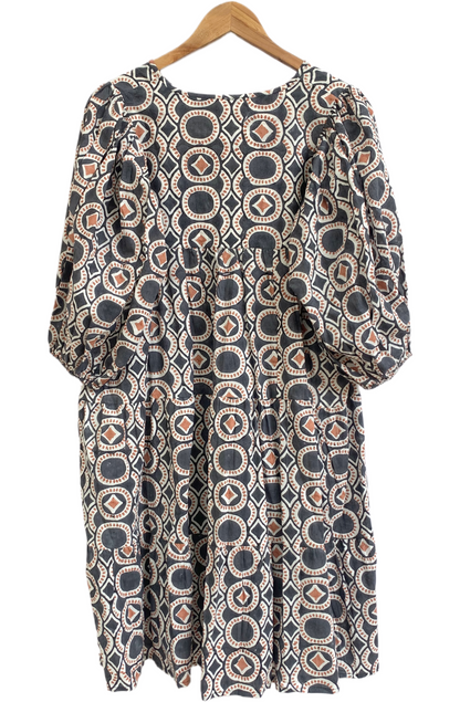 Indigo Grey Geometric Block Print Cotton Mini Dress – Boho Tiered Puff Sleeve Style