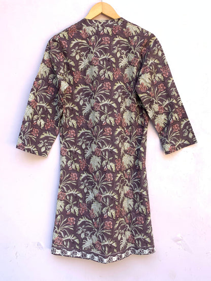 muted purple tunic with pink and green floral print