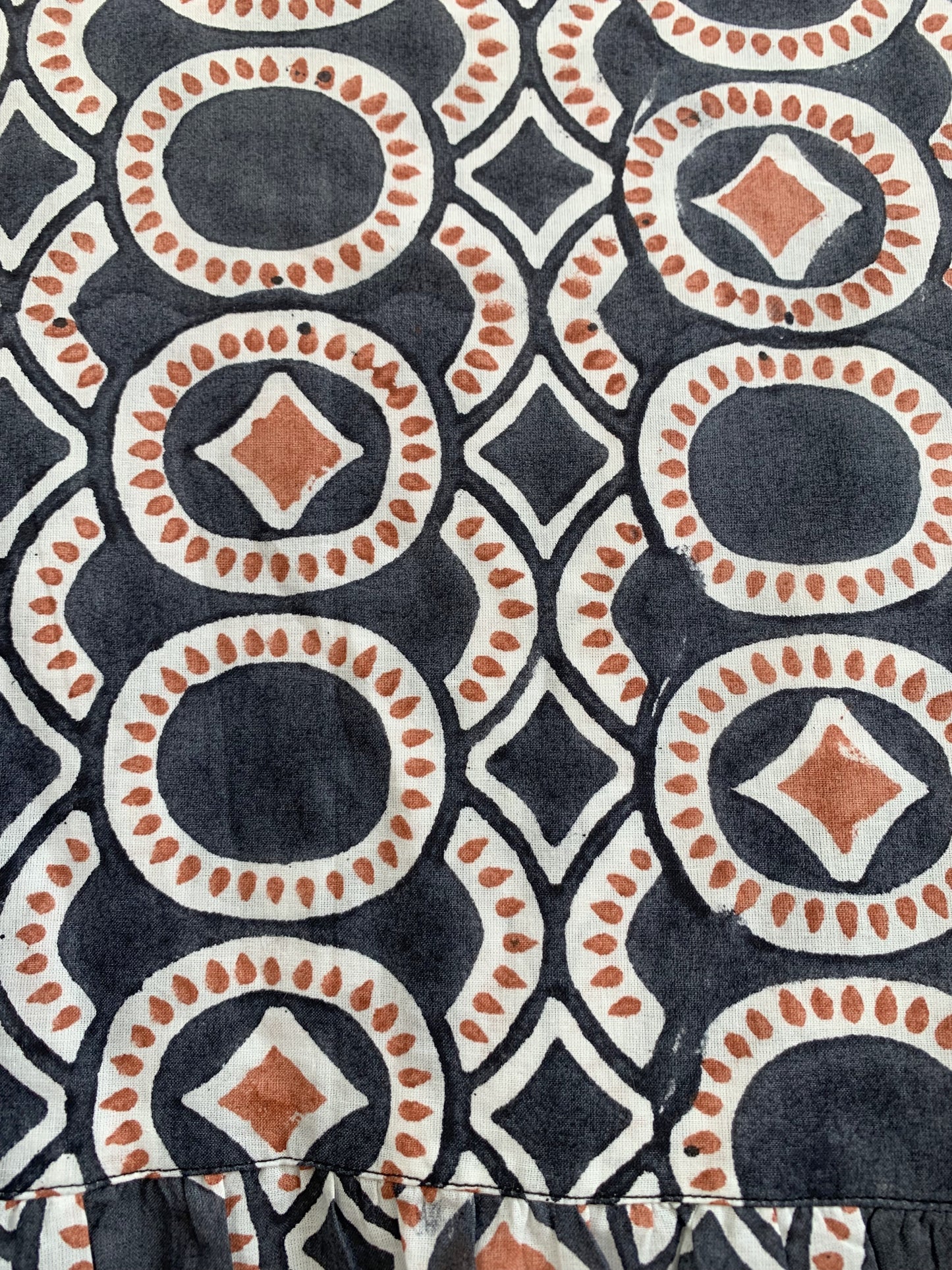 Indigo Grey Geometric Block Print Cotton Mini Dress – Boho Tiered Puff Sleeve Style