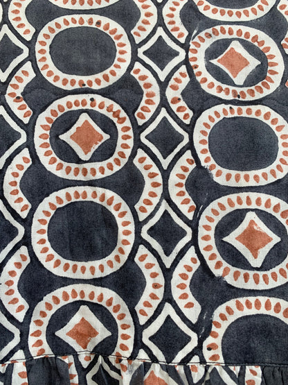 Indigo Grey Geometric Block Print Cotton Mini Dress – Boho Tiered Puff Sleeve Style