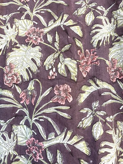 muted purple tunic with pink and green floral print