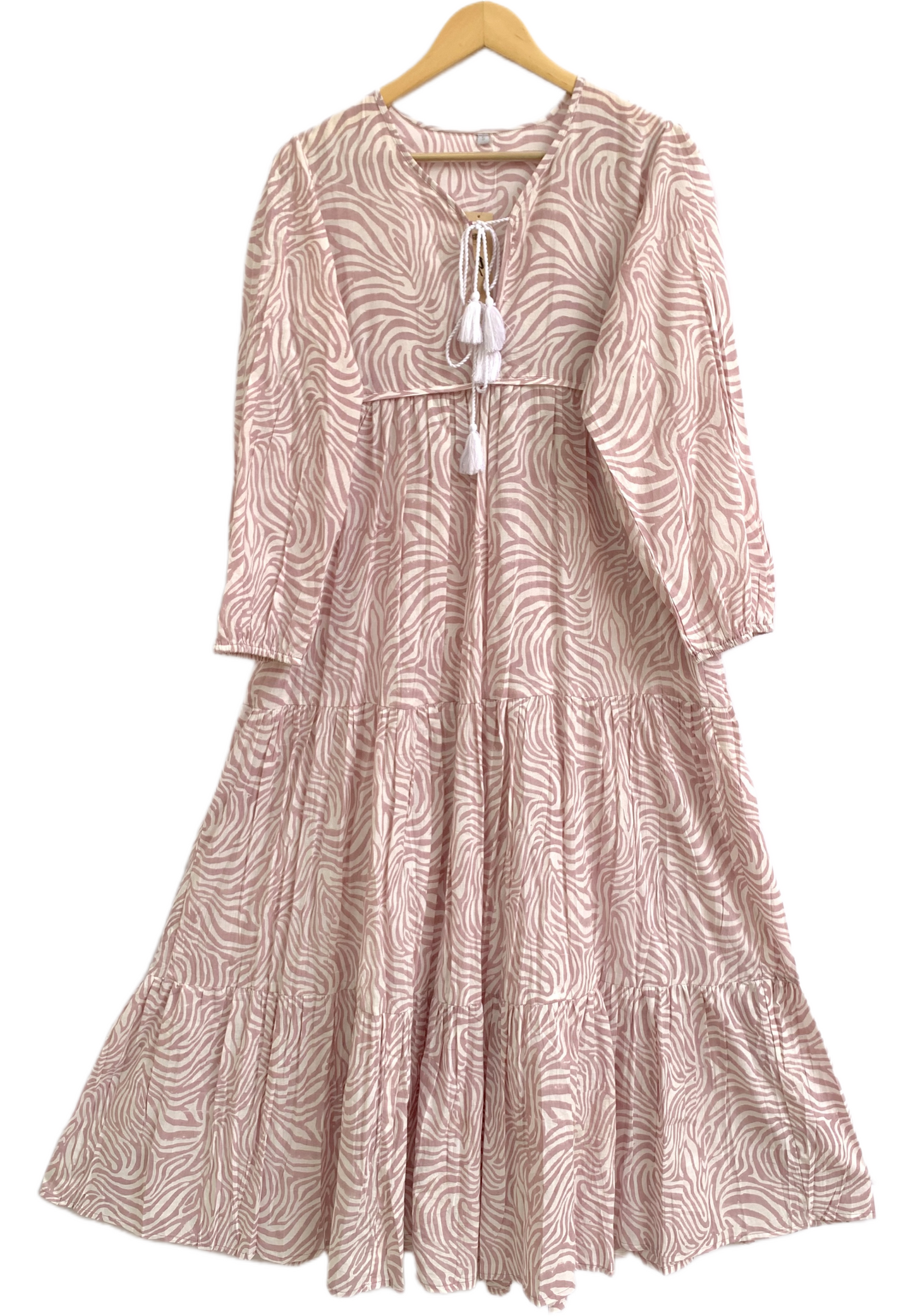 Blush Pink Zebra Print Cotton Maxi Dress – Tiered Boho Indian Style Tassel Tie Neck
