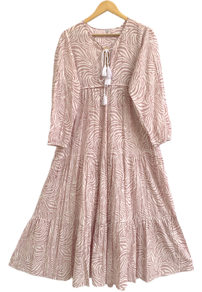 Blush Pink Zebra Print Cotton Maxi Dress – Tiered Boho Indian Style Tassel Tie Neck