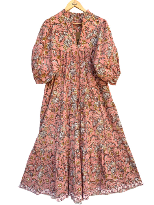rust colour long balloon sleeve dress with belt for women