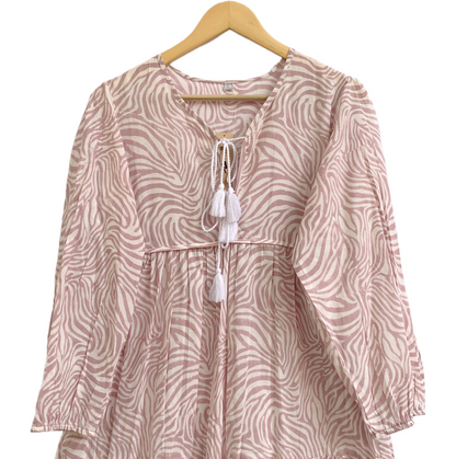 Blush Pink Zebra Print Cotton Maxi Dress – Tiered Boho Indian Style Tassel Tie Neck