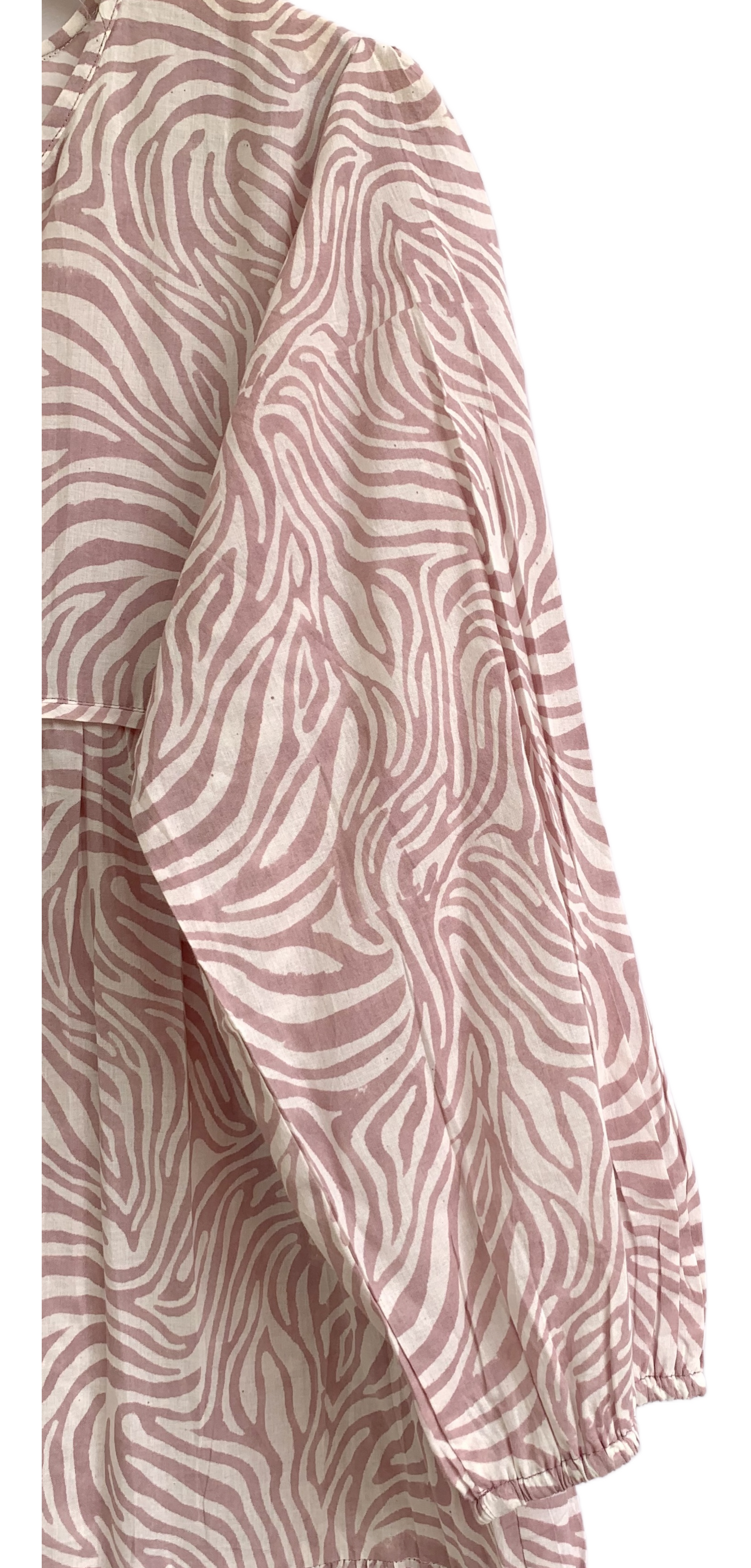 Blush Pink Zebra Print Cotton Maxi Dress – Tiered Boho Indian Style Tassel Tie Neck