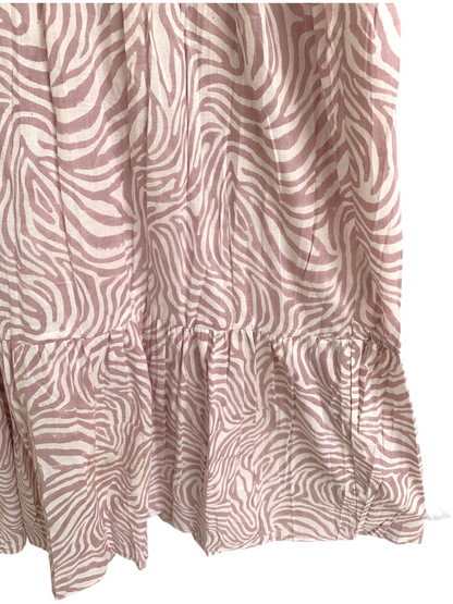 Blush Pink Zebra Print Cotton Maxi Dress – Tiered Boho Indian Style Tassel Tie Neck