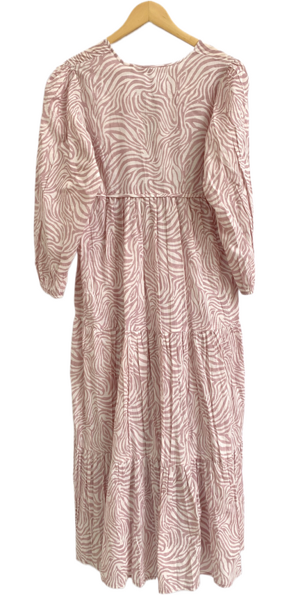 Blush Pink Zebra Print Cotton Maxi Dress – Tiered Boho Indian Style Tassel Tie Neck