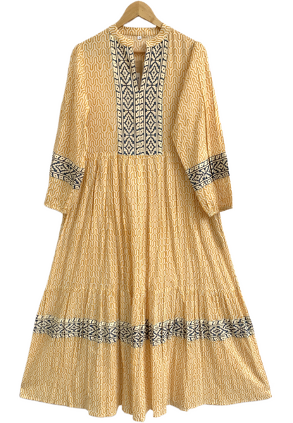 Mustard Yellow Geometric Block Print Cotton Maxi Dress – Boho Indian Tiered Dress