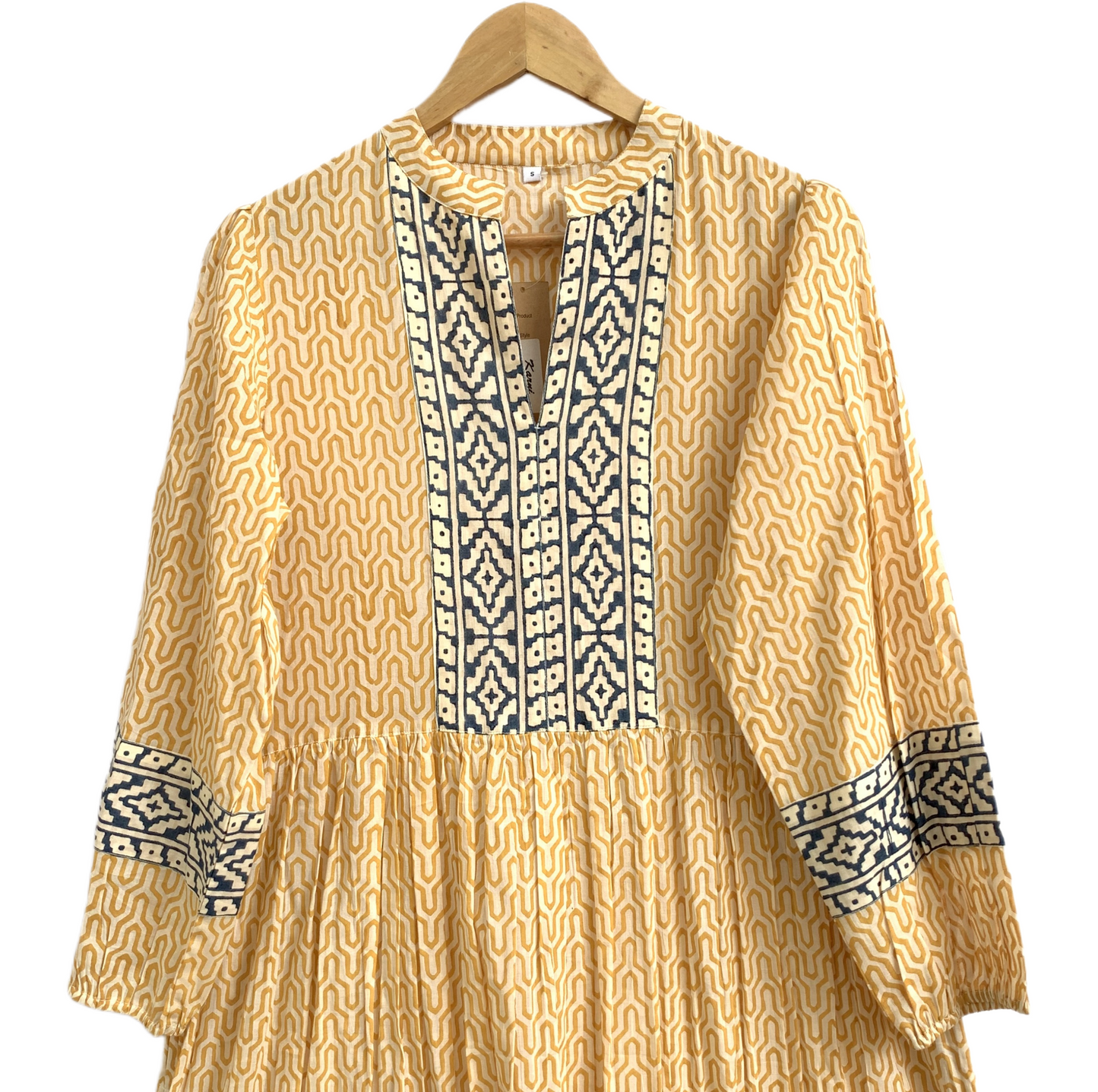 Mustard Yellow Geometric Block Print Cotton Maxi Dress – Boho Indian Tiered Dress