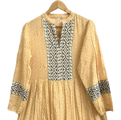 Mustard Yellow Geometric Block Print Cotton Maxi Dress – Boho Indian Tiered Dress
