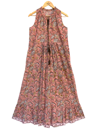 rust leafy print womens maxi dress with tassels