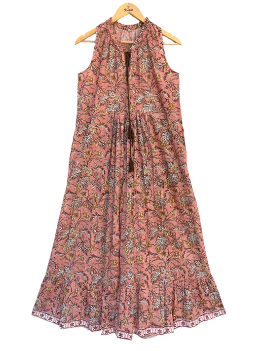 rust leafy print womens maxi dress with tassels