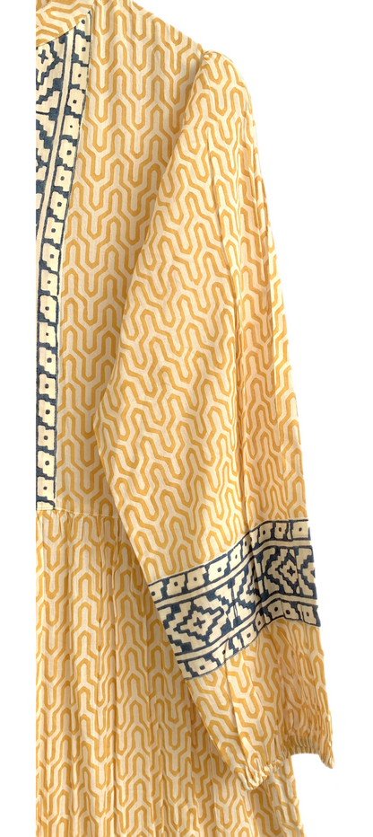 Mustard Yellow Geometric Block Print Cotton Maxi Dress – Boho Indian Tiered Dress
