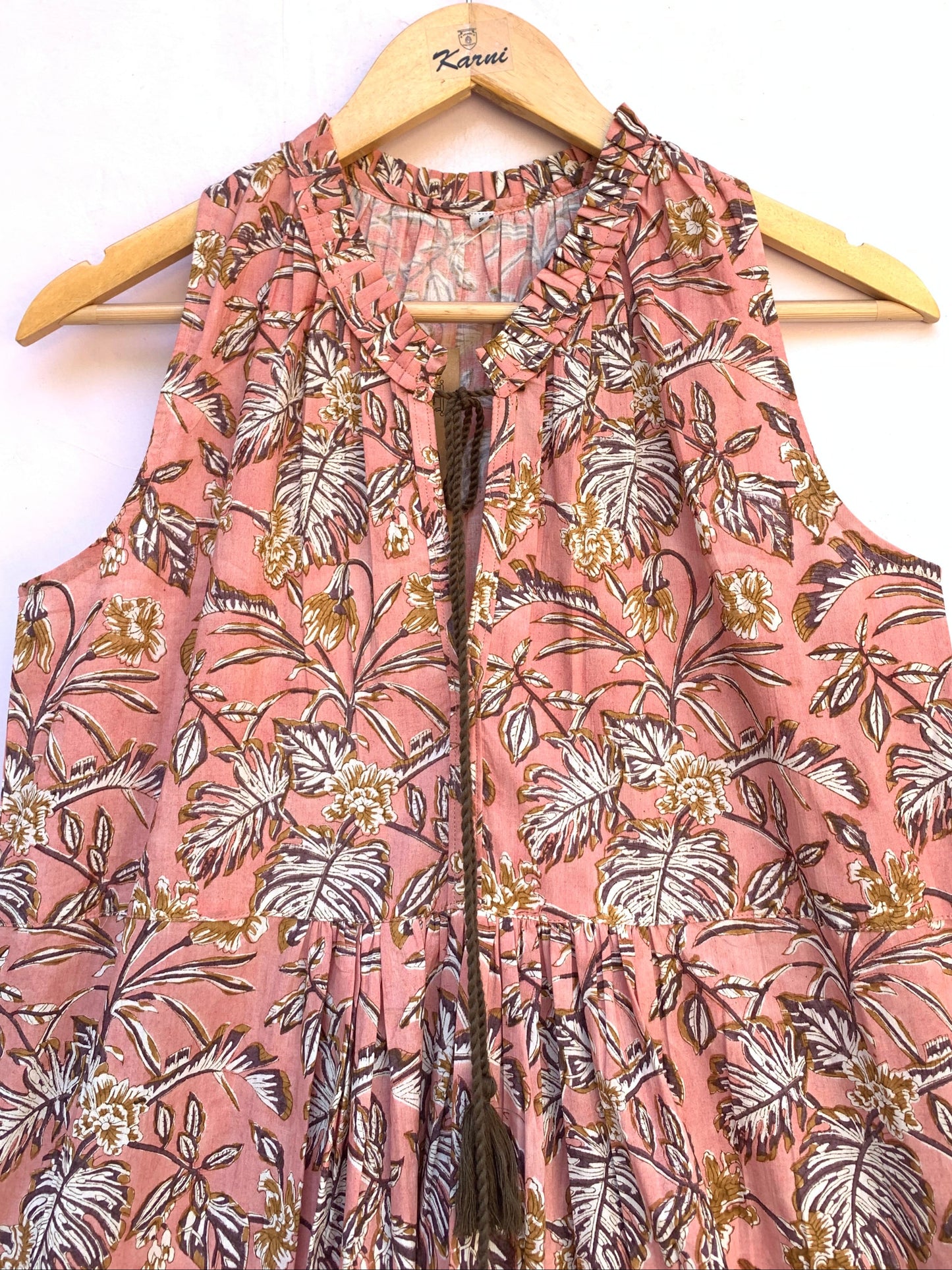 rust leafy print womens maxi dress with tassels