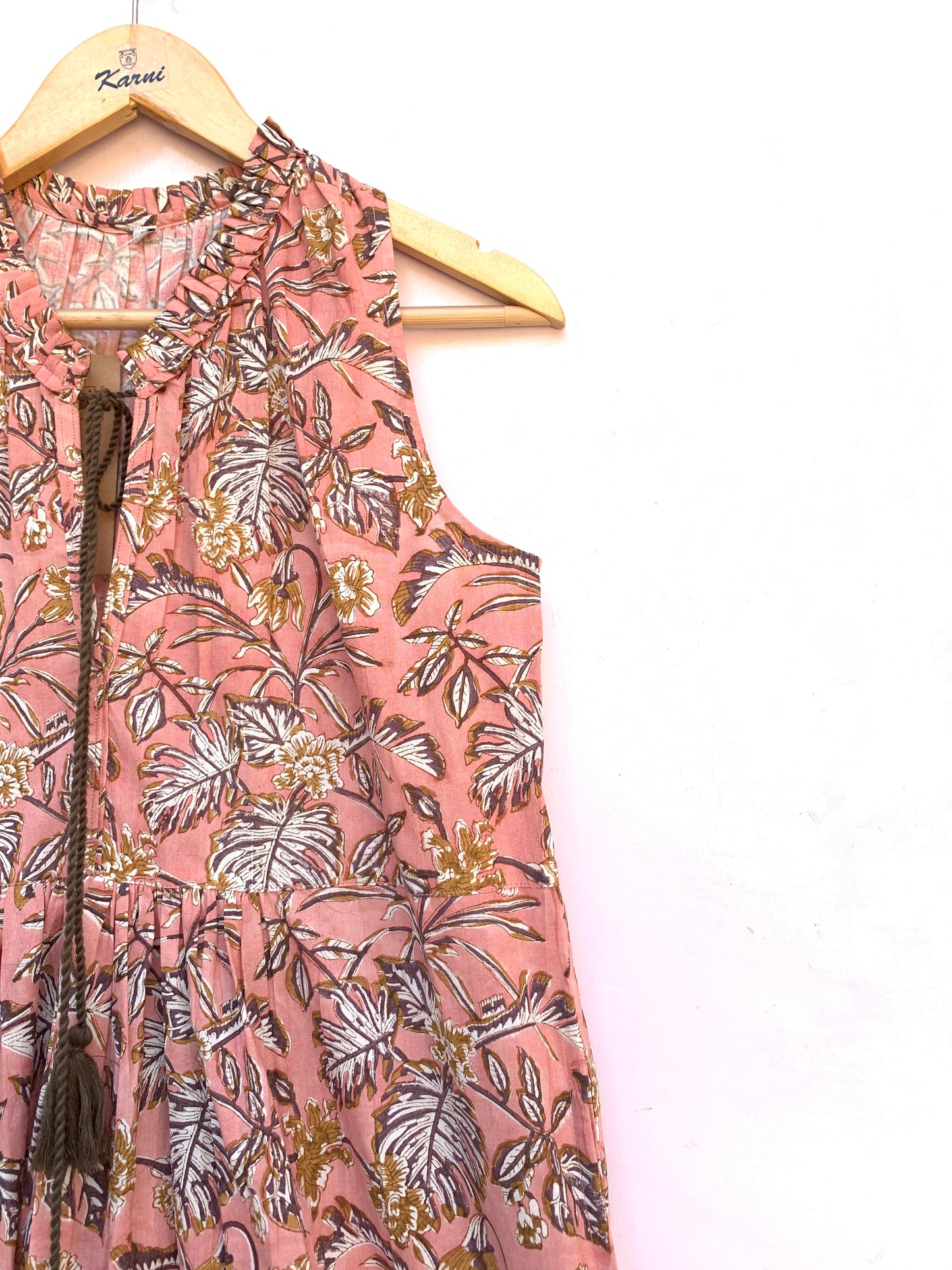 rust leafy print womens maxi dress with tassels