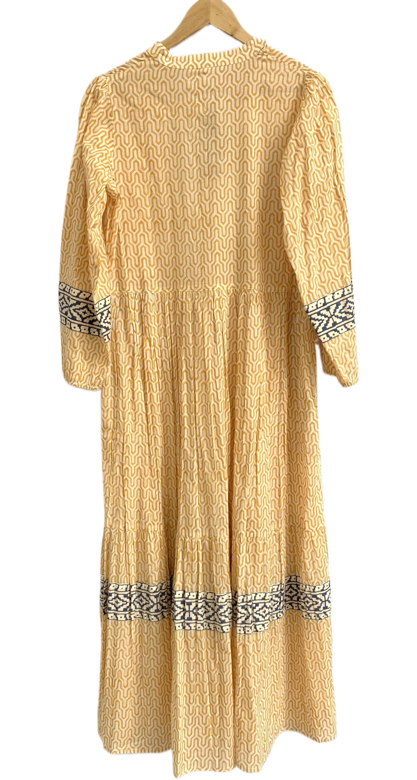 Mustard Yellow Geometric Block Print Cotton Maxi Dress – Boho Indian Tiered Dress