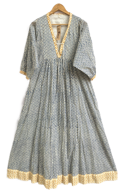 Indigo Blue Geometric Hand Block Print Cotton Maxi Dress – Boho Tiered Indian Style