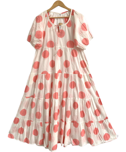 Coral Pink Polka Dot Cotton Maxi Dress – Tiered Boho Indian Summer Style