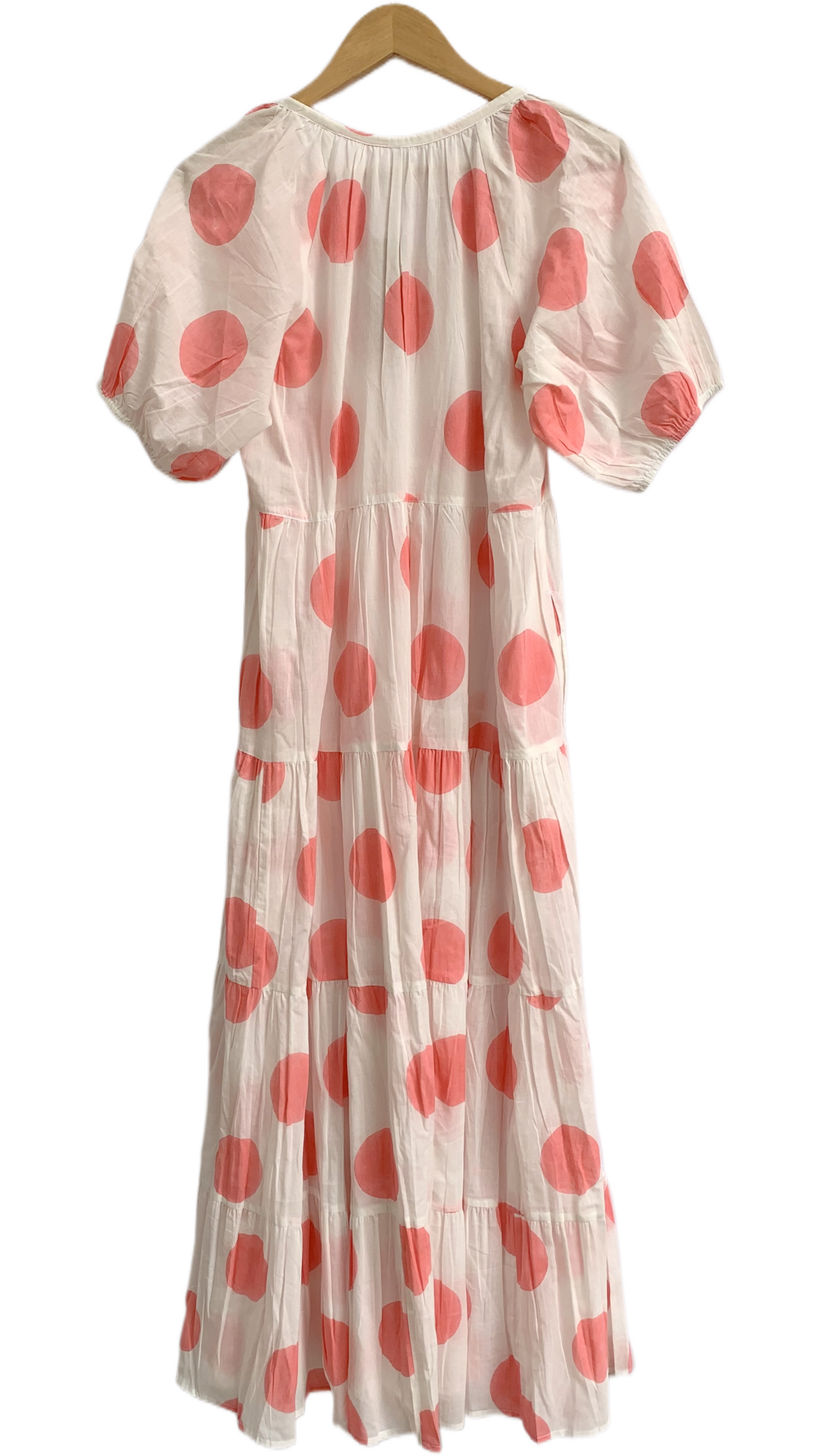 Coral Pink Polka Dot Cotton Maxi Dress – Tiered Boho Indian Summer Style