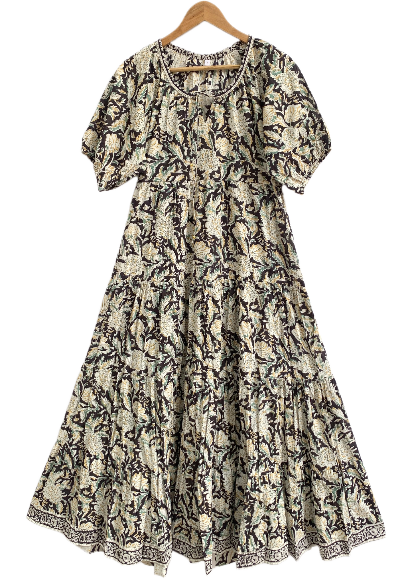 Dark Brown Floral Hand Block Print Cotton Maxi Dress – Boho Tiered Indian Style
