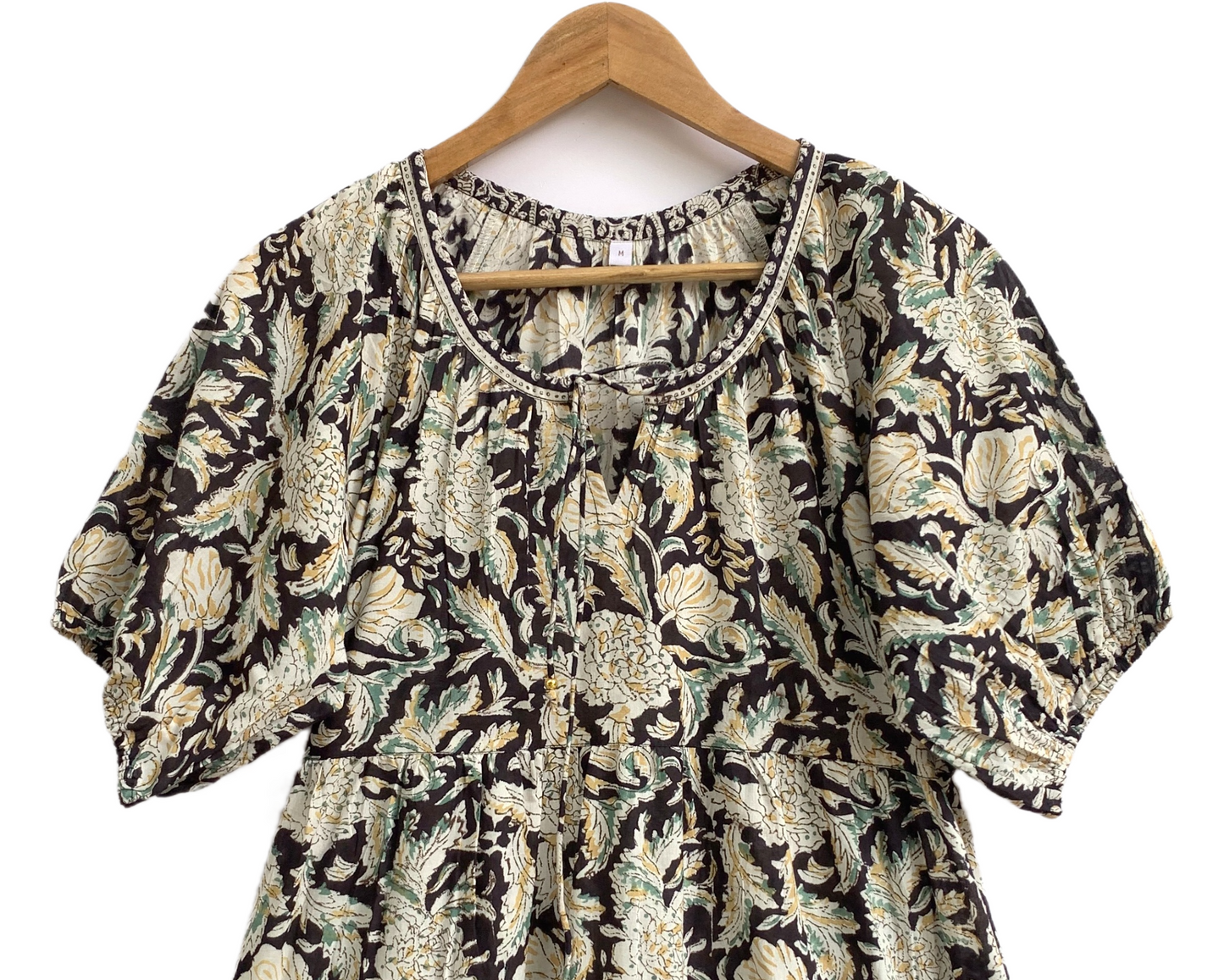 Dark Brown Floral Hand Block Print Cotton Maxi Dress – Boho Tiered Indian Style