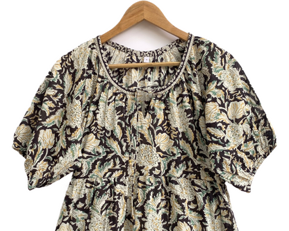 Dark Brown Floral Hand Block Print Cotton Maxi Dress – Boho Tiered Indian Style